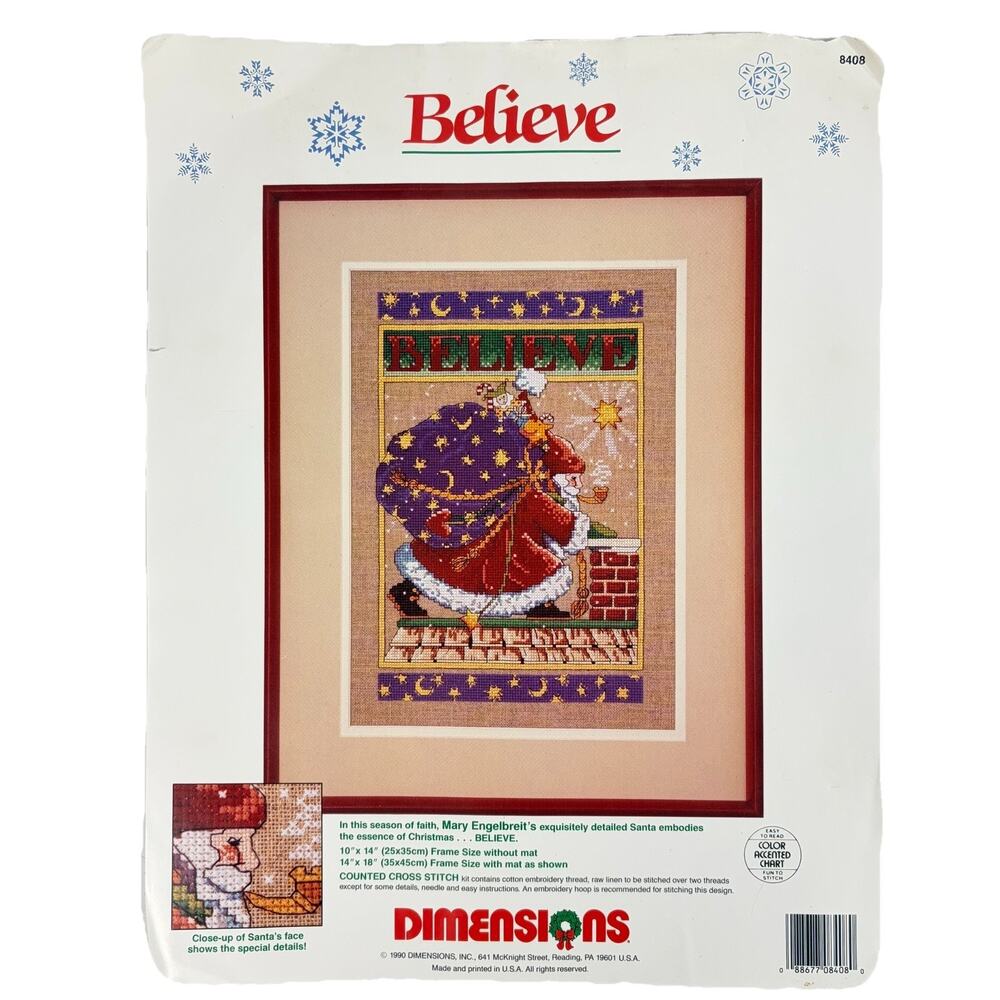 1990 Dimensions Santa BELIEVE Cross Stitch Kit Mary Engelbreit 8408 New Unsealed